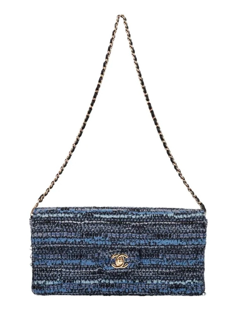CHANEL Blue Tweed Chain Shoulder Bag with Gold CC